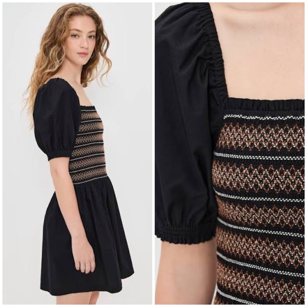 Madewell Black Mini Dress with Brown & Cream Smocked Bodice NWT